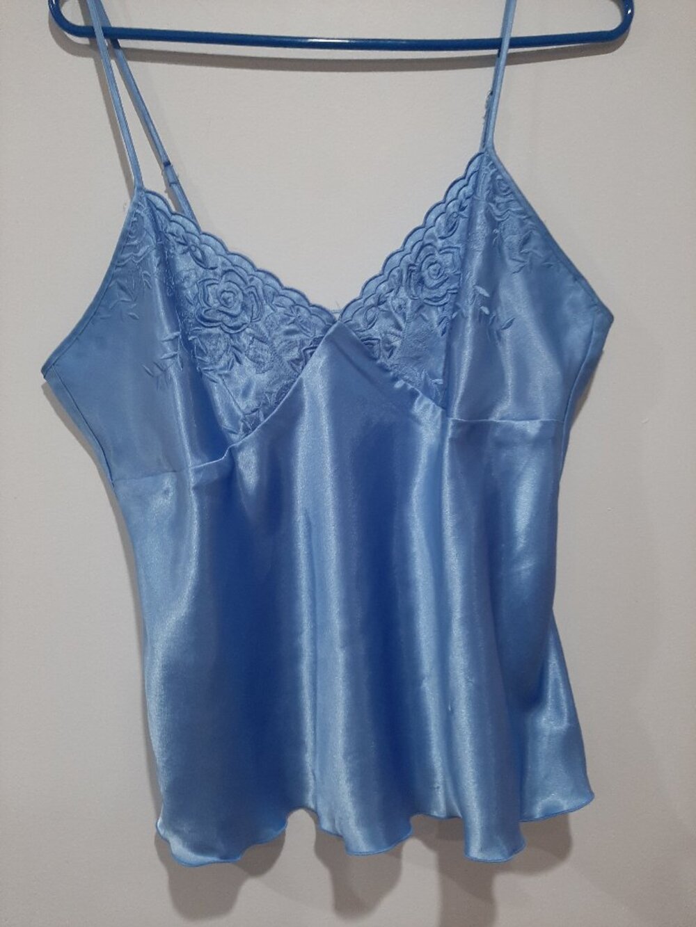 Old money glam quiet luxury satin embroidered lingerie blue camisole top